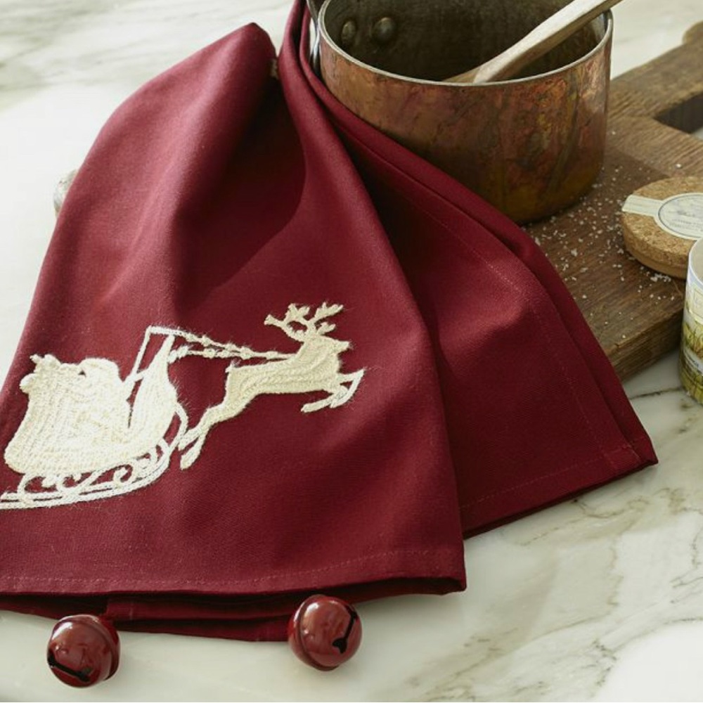 POTTERY BARN Red Embroidered Sleigh Towel - Like New!